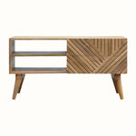 Contempory solid wood TV stand in a light brown finish.