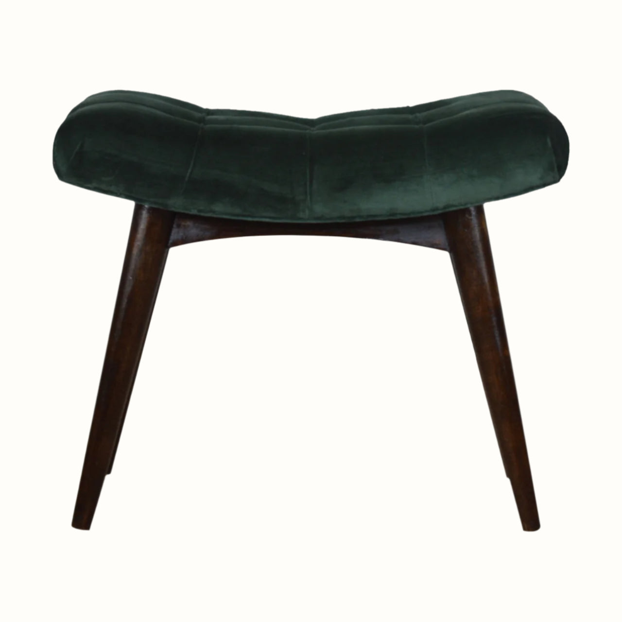 Curved bench with green upholstered seat and dark wood legs.