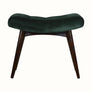 Curved bench with green upholstered seat and dark wood legs.