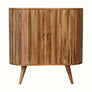 Striped cabinet in a light brown wooden finish.
