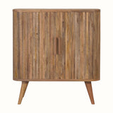 Striped wooden cabinet in a light brown finish.