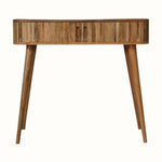 Striped wooden console table in a light brown finish.
