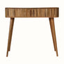 Striped wooden console table in a light brown finish.