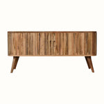 Striped wooden media unit in a light brown finish.