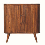 Striped wooden cabinet in a dark brown finish.
