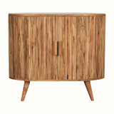 Striped wooden cabinet in a light brown finish.