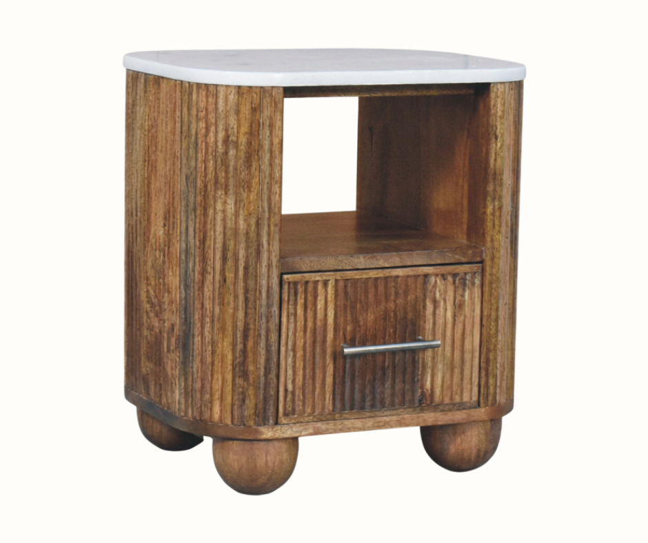 Nova Marble Open Bedside Table with 1 Drawer - Golden Teak