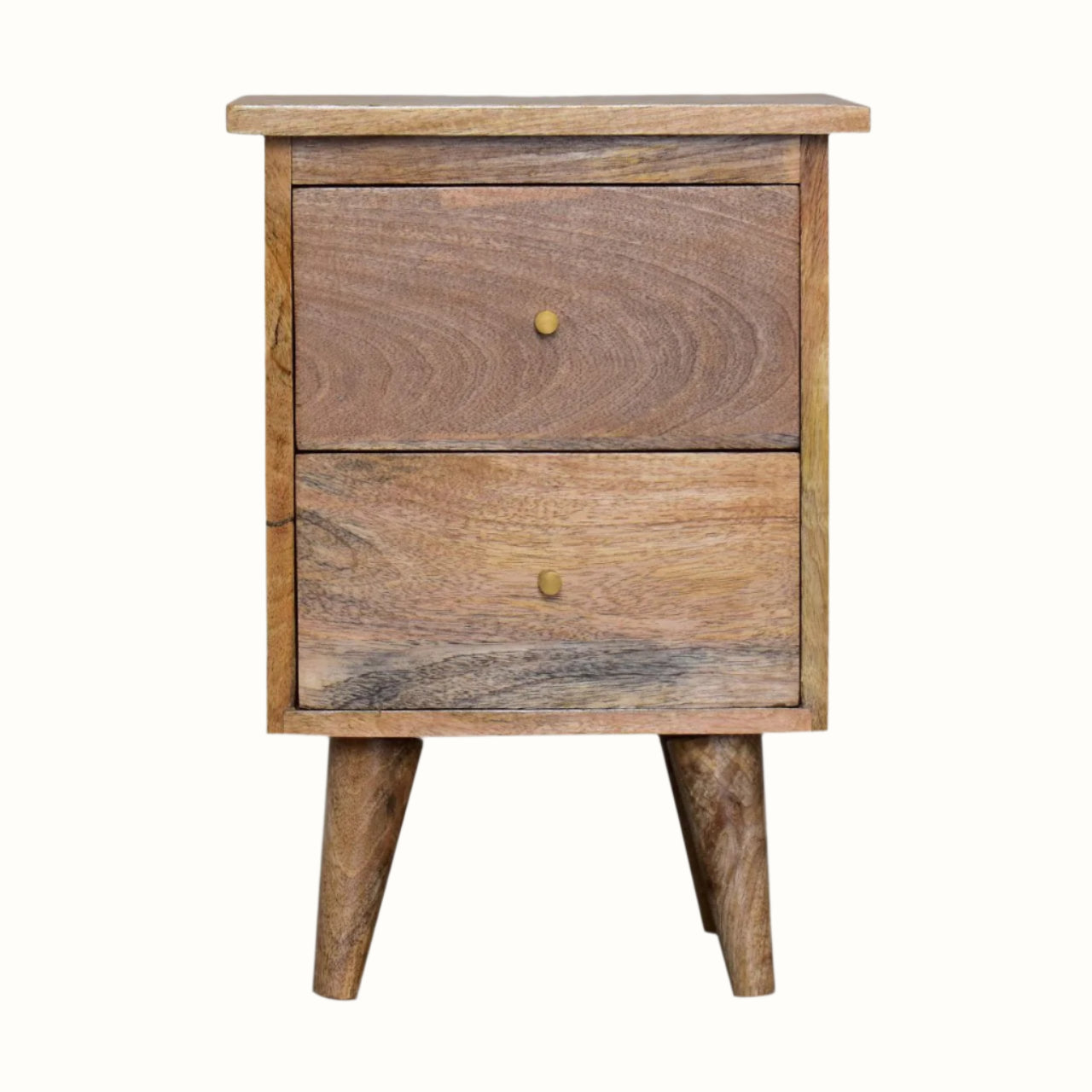 Square bedside table made from mango wood, in a natural finish, with 2 storage drawers with brass metal knobs.