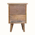 Square bedside table made from mango wood, in a natural finish, with 2 storage drawers with brass metal knobs.
