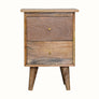Square bedside table made from mango wood, in a natural finish, with 2 storage drawers with brass metal knobs.