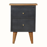 Small nightstand with two drawers, dark finish, and wooden legs on a white background