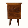 Rectangle bedside table made from mango wood in a dark brown stain, with 2 storage drawers and brass metal hardware. 