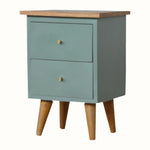 Small wooden cabinet with two drawers and a wooden top on a white background