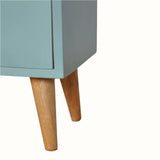 Close-up of a light blue cabinet with wooden legs on a white background