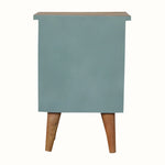 Small wooden cabinet with a light blue body and brown legs on a white background