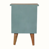 Small wooden cabinet with a light blue body and brown legs on a white background