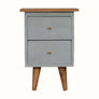Small cabinet with two drawers and a wooden top on a white background