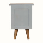 Small bedside table with light blue body and wooden legs and top on a white background