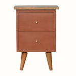 Small bedside table with two drawers, handmade from mango wood and handpainted in red terracotta.