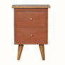 Small bedside table with two drawers, handmade from mango wood and handpainted in red terracotta.