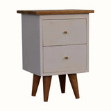 Small bedside table with two drawers and a wooden top on a white background