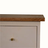 Close-up of a wooden cabinet with a white door and brass handle on a white background