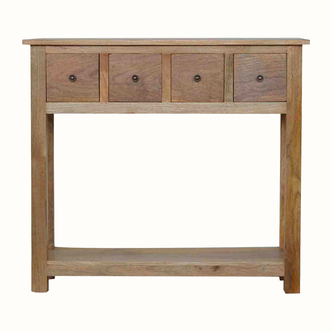 A rustic wooden console table with four drawers on the top and an open lower shelf, shown against a plain white background.