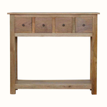 A rustic wooden console table with four drawers on the top and an open lower shelf, shown against a plain white background.