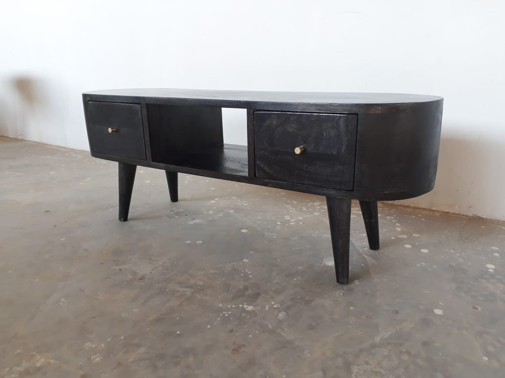 Black stain tv stand made from mango wood, with storage, and short tapered legs.