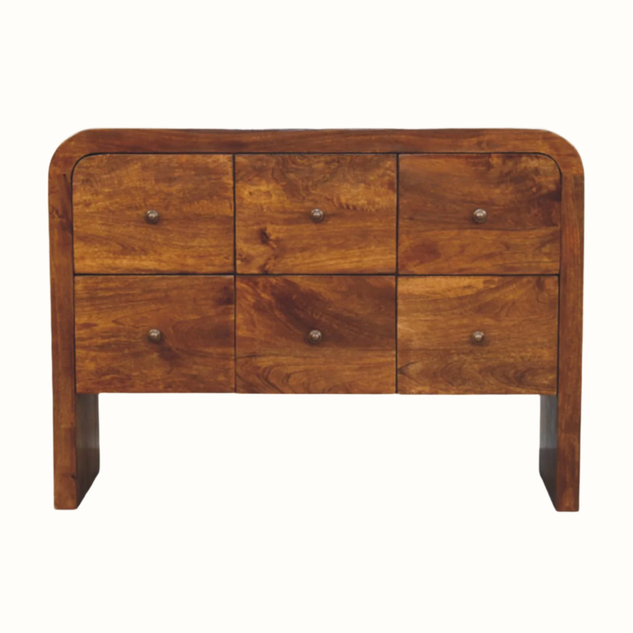 Large curved chest of 6 drawers, handcrafted from solid wood, in a dark, chestnut brown finish 