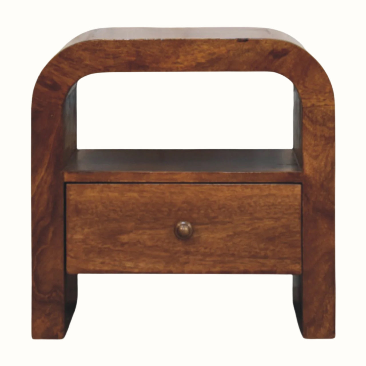 Rounded open bedside table with one storage drawer, handmade using solid wood in a dark brown chestnut finish.