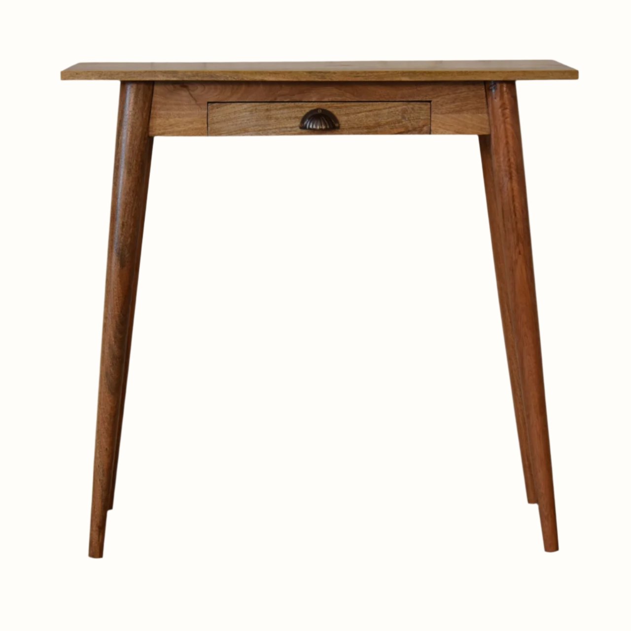 Small writing desk with 1 drawer, brass hardware and hand crafted from solid mango wood in a light brown natural finish. 
