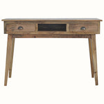 Large rustic writing desk with two drawers and open shelf compartment, made from solid wood in a light brown natural finish.