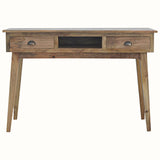 Large rustic writing desk with two drawers and open shelf compartment, made from solid wood in a light brown natural finish.