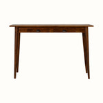 Scandinavian style writing desk with 2 drawers, made from mango wood in a dark brown chestnut finish, with brass hardware.