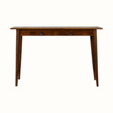 Scandinavian style writing desk with 2 drawers, made from mango wood in a dark brown chestnut finish, with brass hardware.
