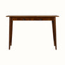 Scandinavian style writing desk with 2 drawers, made from mango wood in a dark brown chestnut finish, with brass hardware.