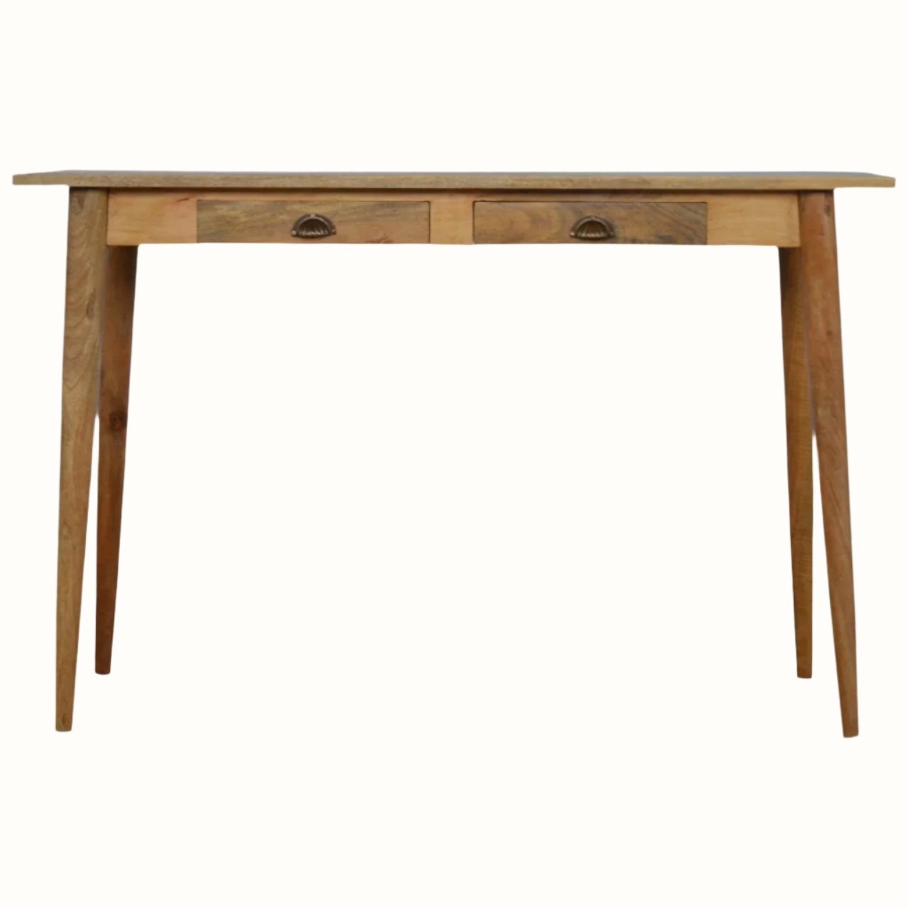 A natural finish, medium-sized desk with two drawers, four tapered legs, and brass shell handles.