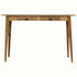 A natural finish, medium-sized desk with two drawers, four tapered legs, and brass shell handles.