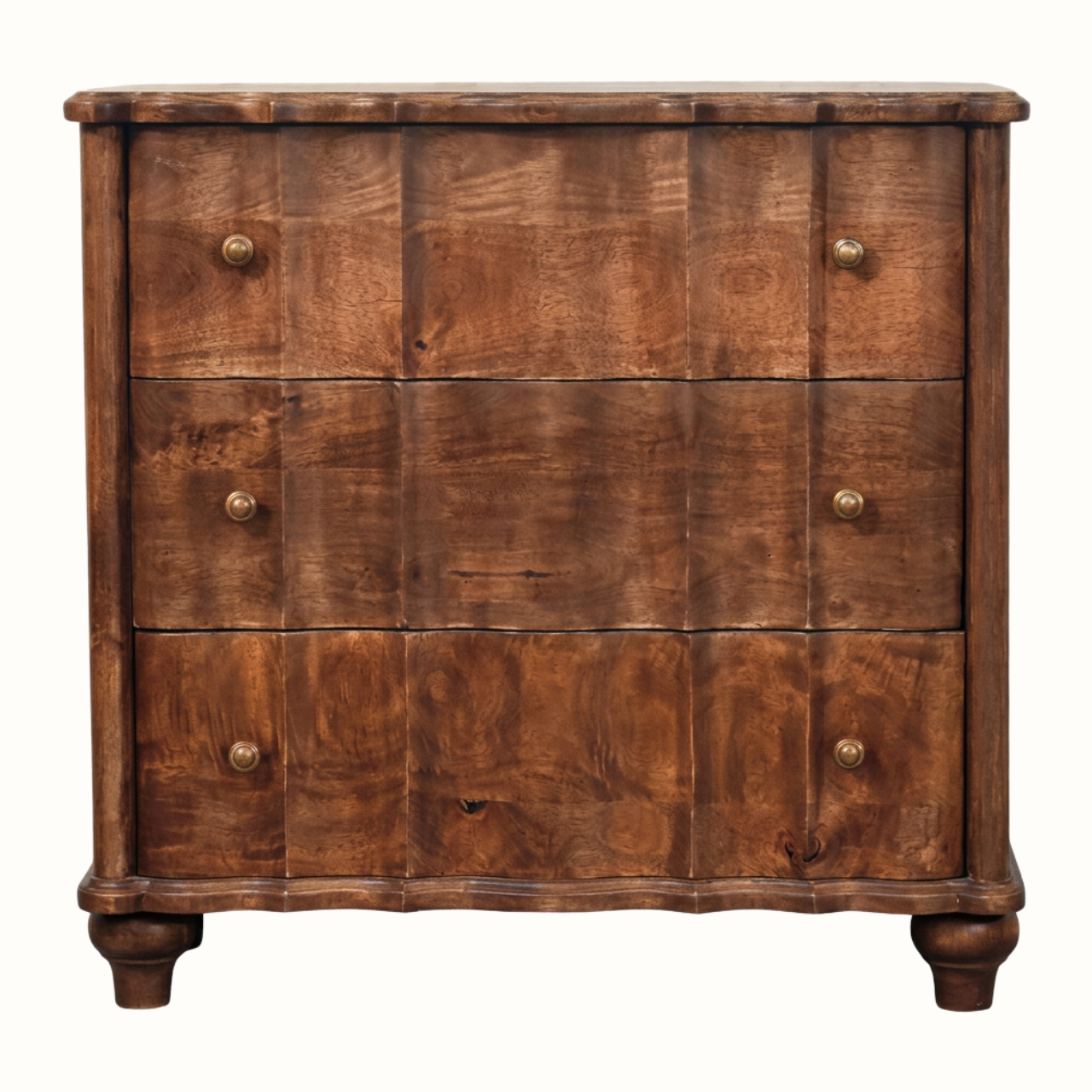 A rustic three-drawer wooden chest of drawers with a rich brown finish, featuring small round brass knobs and turned wooden feet, shown against a plain white background.