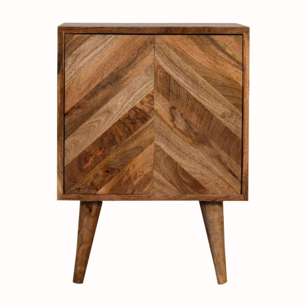 Square bedside table with storage, made from mango wood with a chevron pattern, in a light brown natural finish.