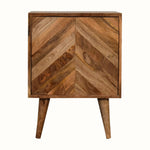Square bedside table with storage, made from mango wood with a chevron pattern, in a light brown natural finish.