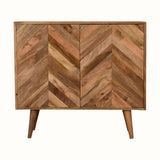 Solid wood cabinet in a natural finish, with storage in a mixed chevron pattern.