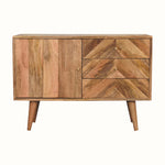 Nordic mango wood sideboard with cupboard and three storage drawers, in a natural finish.
