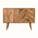 Nordic mango wood sideboard with cupboard and three storage drawers, in a natural finish.