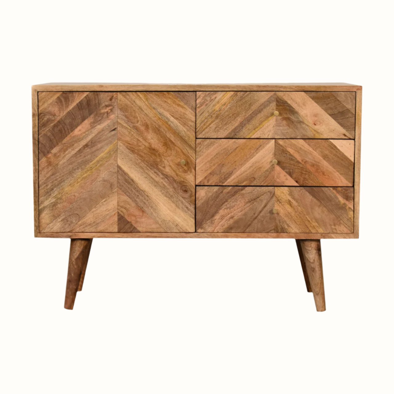 Wooden sideboard with storage and a mixed chervon pattern in a natural, light brown finish.