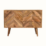 Wooden sideboard with storage and a mixed chervon pattern in a natural, light brown finish.