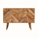 Wooden sideboard with storage and a mixed chervon pattern in a natural, light brown finish.