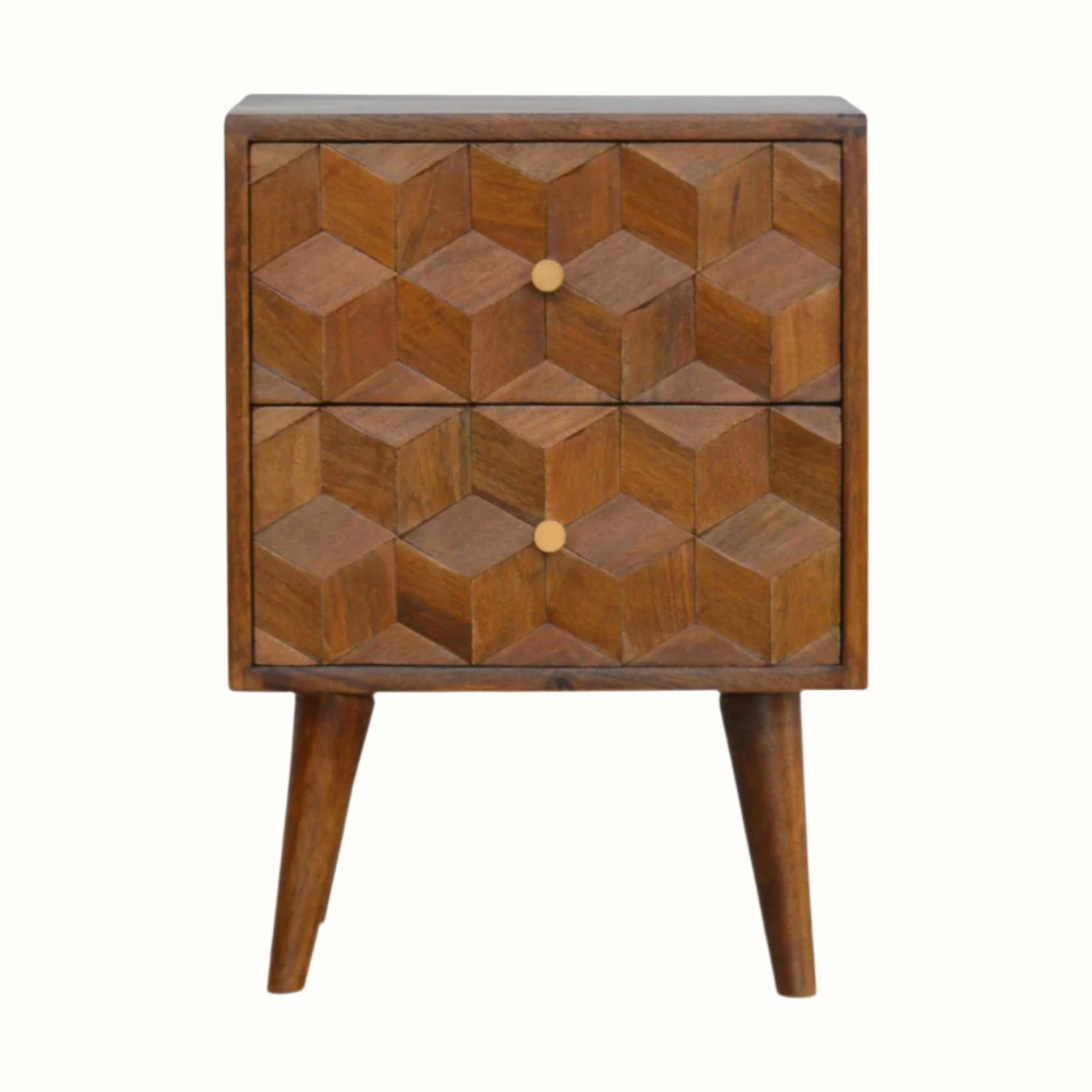 A medium-sized chestnut brown bedside table with a textured cube-carved design, featuring two drawers and brass knobs.