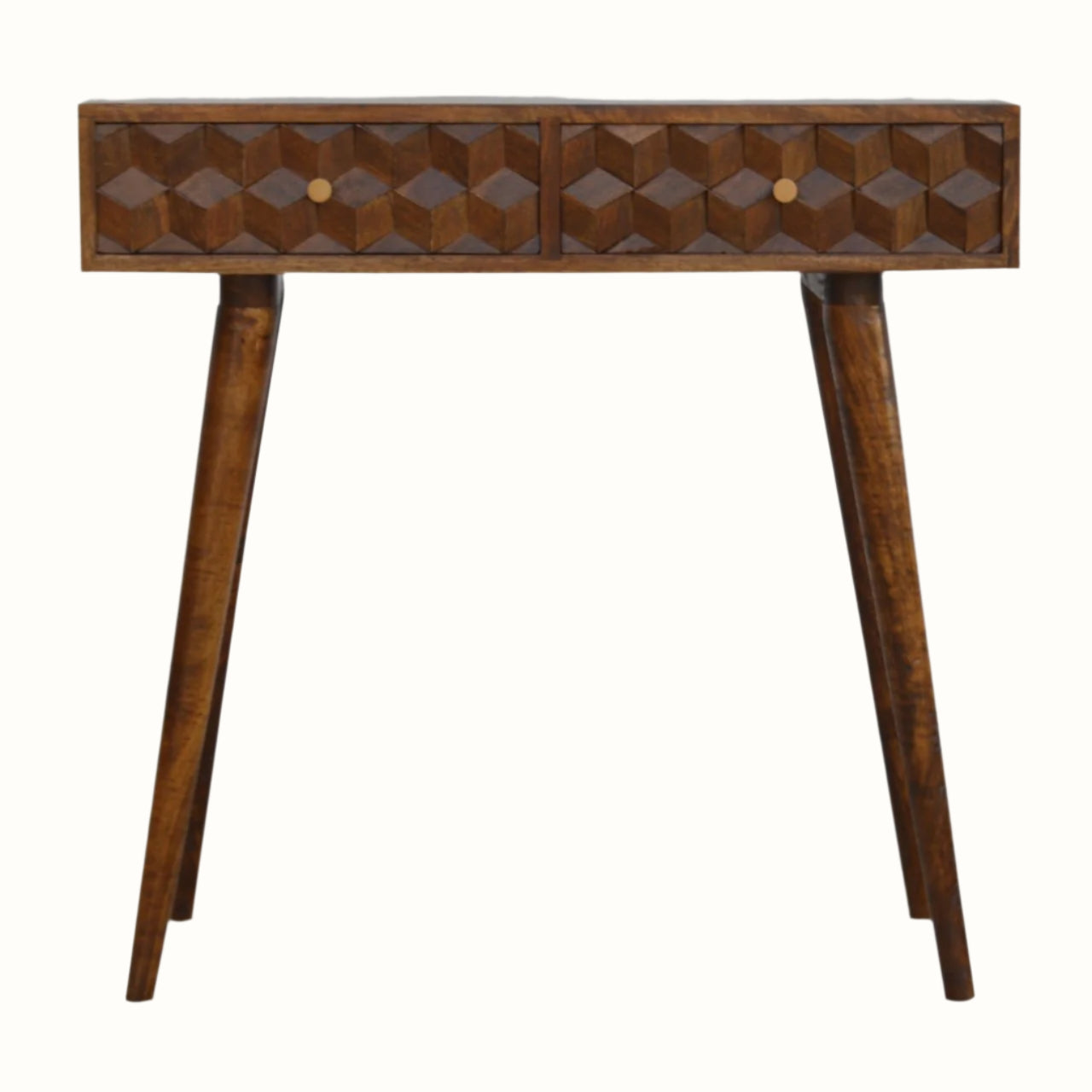 A chestnut brown console table made of mango wood with a textured cube-carved design, featuring two drawers and four Nordic-style legs with brass knob detailing.